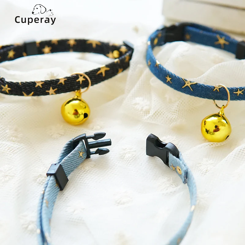 Denim Breakaway Cat Collars with Bell Cat Pendant Kitty Kitten Collars Blue Collar for Female Girl Cats Male Boy Cats Star Print