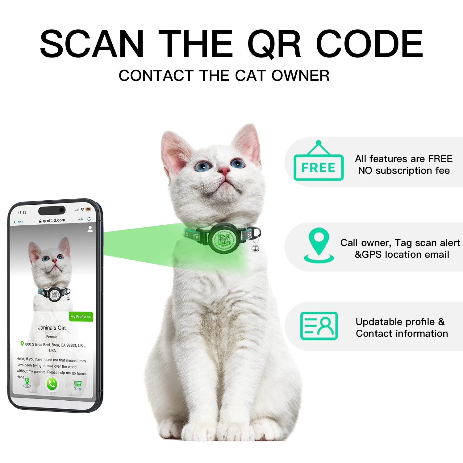 QR ID Tag + GPS Tracker holder + Cat collar Breakaway for apple airtag, Kitten Collar with Bell Fits Cats Gatos Puppy waterproof - Image 5