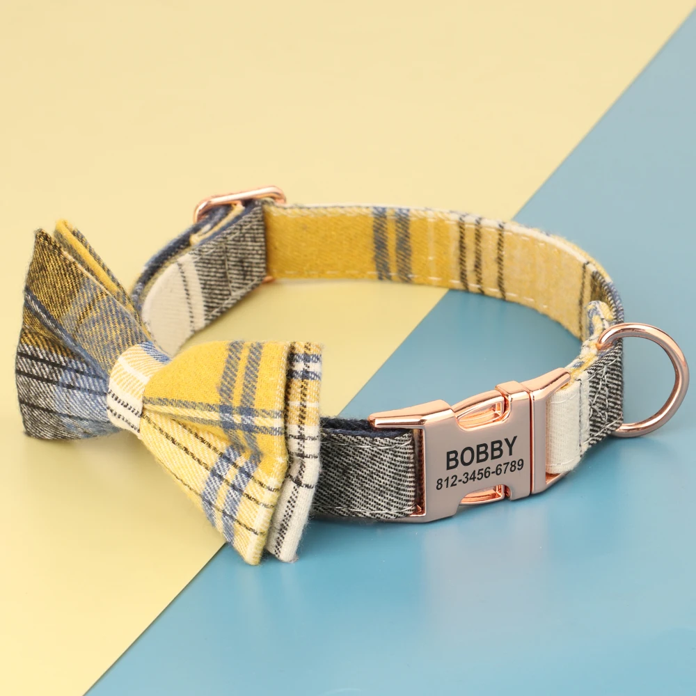 Personalized Bowknot Dog Collar Nylon Plaid Dog Collars Free Engraving Custom Pet Nameplate Necklace For Small Medium Large Dogs - Image 7