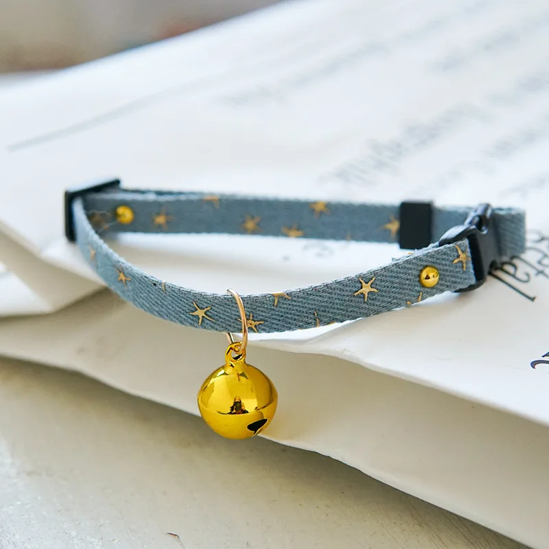 Denim Breakaway Cat Collars with Bell Cat Pendant Kitty Kitten Collars Blue Collar for Female Girl Cats Male Boy Cats Star Print - Image 11