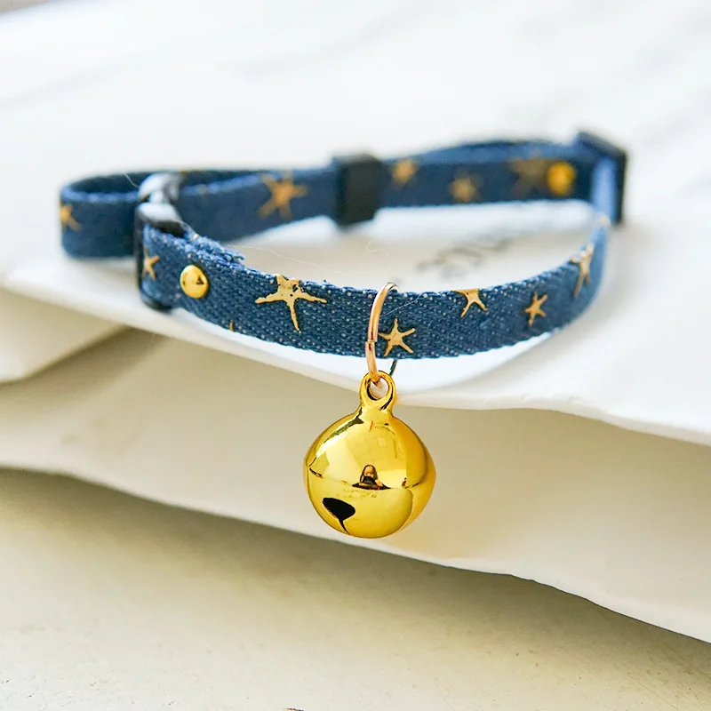 Denim Breakaway Cat Collars with Bell Cat Pendant Kitty Kitten Collars Blue Collar for Female Girl Cats Male Boy Cats Star Print - Image 10