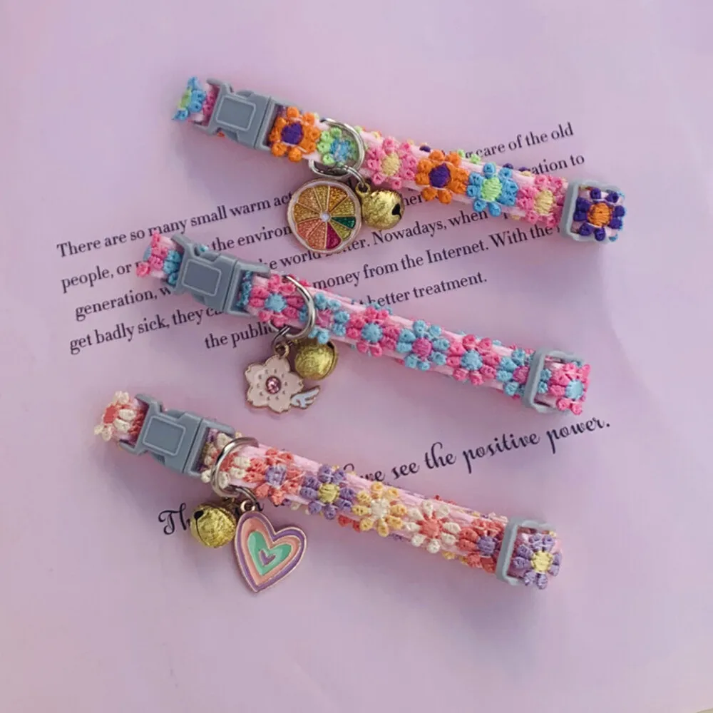 Fashion Rainbow Lace Flower Cat Collar With Bell Adjustable Buckle Cat Necklace Small Medium Dog Accessories - Image 3