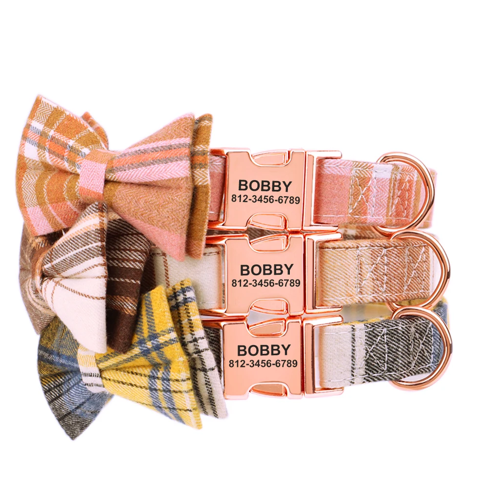 Personalized Bowknot Dog Collar Nylon Plaid Dog Collars Free Engraving Custom Pet Nameplate Necklace For Small Medium Large Dogs - Image 2