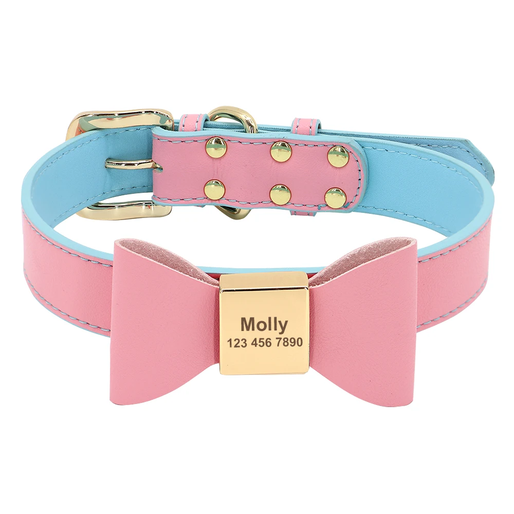 Custom PU Leather Dog Collar Soft Bowknot Pet Collars Engraved Name Puppy Cat Necklace Anti-lost for Small Medium Large Dogs Pug - Image 8