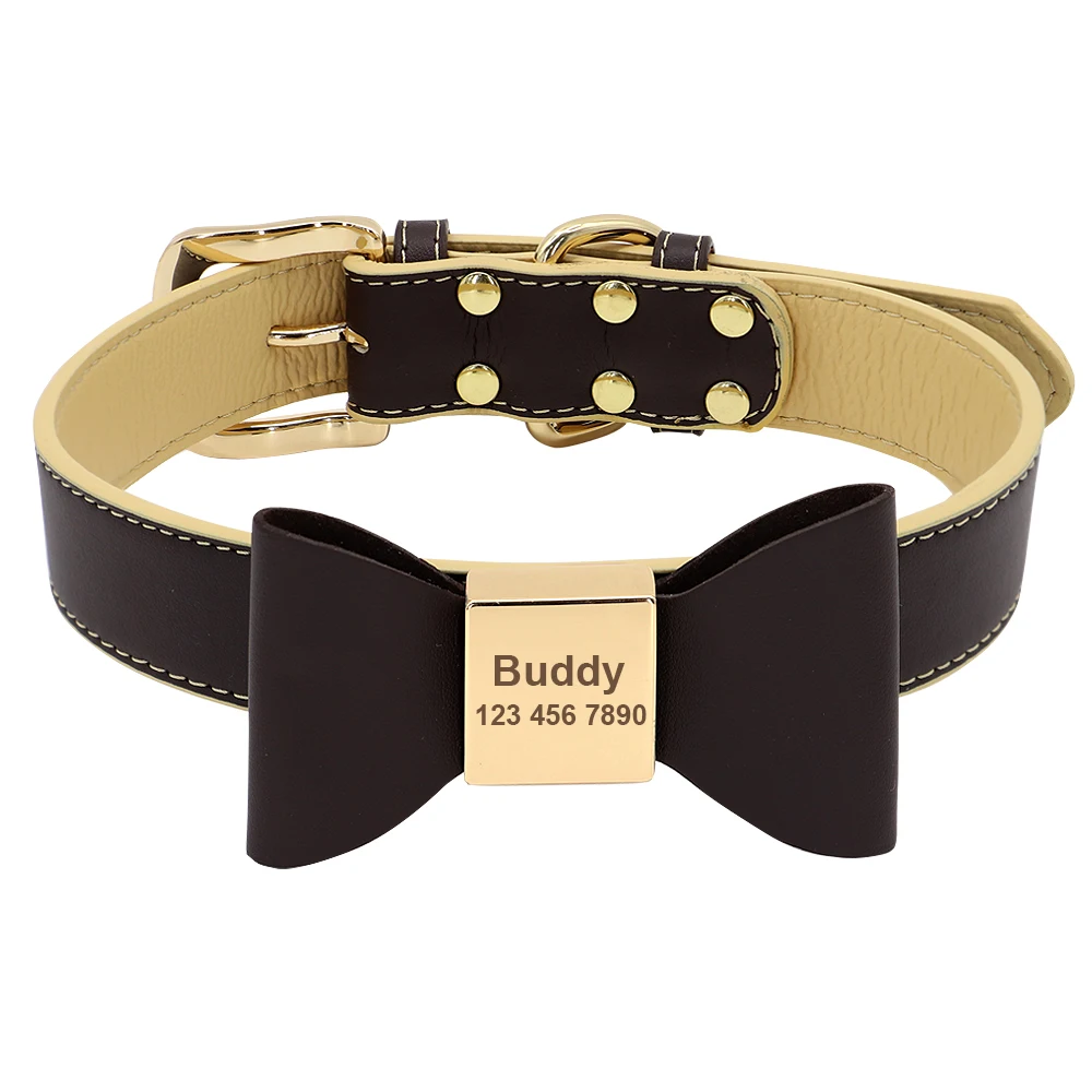 Custom PU Leather Dog Collar Soft Bowknot Pet Collars Engraved Name Puppy Cat Necklace Anti-lost for Small Medium Large Dogs Pug - Image 10