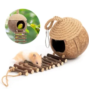 Coconut Birdhouse Hut With Ladder Hemp Rope Roof Natural Material Firm Stable Small Animal Cage Habitat Decoration Pet Supplies