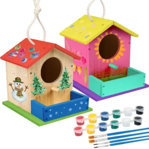 DIY Wooden Bird House Kits Creative Arts and Crafts Set for Kids & Adults Unfinished Wood Birdhouses with Paint Strips Brushes