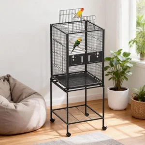 Large Wrought Iron Bird Flight Cage with Wheels– Rolling Stand, Wooden Perches, Feeder- for Cockatiels,Parrots,Parakeets,Budgies