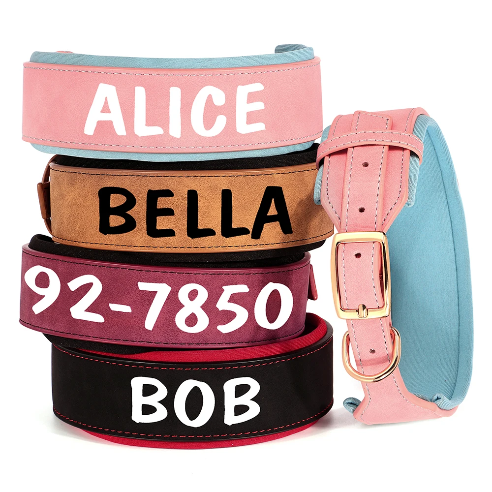 Custom Print Dog Collar Wide Leather Dogs Name Collars Large Soft Padded Pet Dog Collars For Medium Large Dogs Free Print Pink - Image 2
