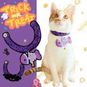 Halloween Cat Collar Handmade Crochet Fish Bat Pendant Purple Knitted Scarf for Cats and Dogs