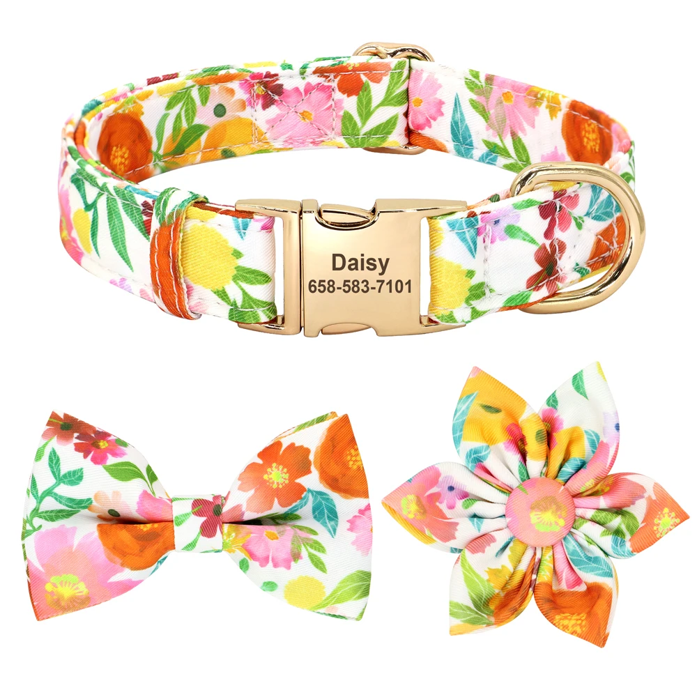 Personalized Dog Collar Nylon Flower Bowtie Pet ID Collars Customized Dogs Necklace Anti-lost For Spring Small Medium Large Dogs - Image 24
