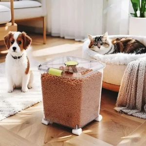 Large Capacity Transparent Dog And Cat Food Storage Container on Wheels Mobile Pet Feeding Bin with Clear Body for Easy Viewing