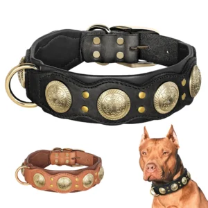 Durable Real Leather Dog Collar Cool Spiked Studded Collars for Medium Large Dogs Genuine Leather Pet Collar Pitbull Bulldog