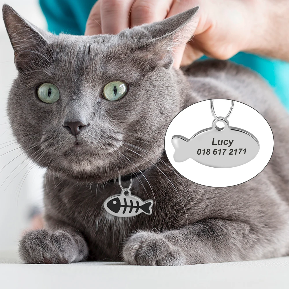 Personalized Cat Id Tag Custom Cats Kitten ID Tags Engraved Cat Collar Pendant Necklace Pet Accessories Cat Face Fish Shape - Image 4