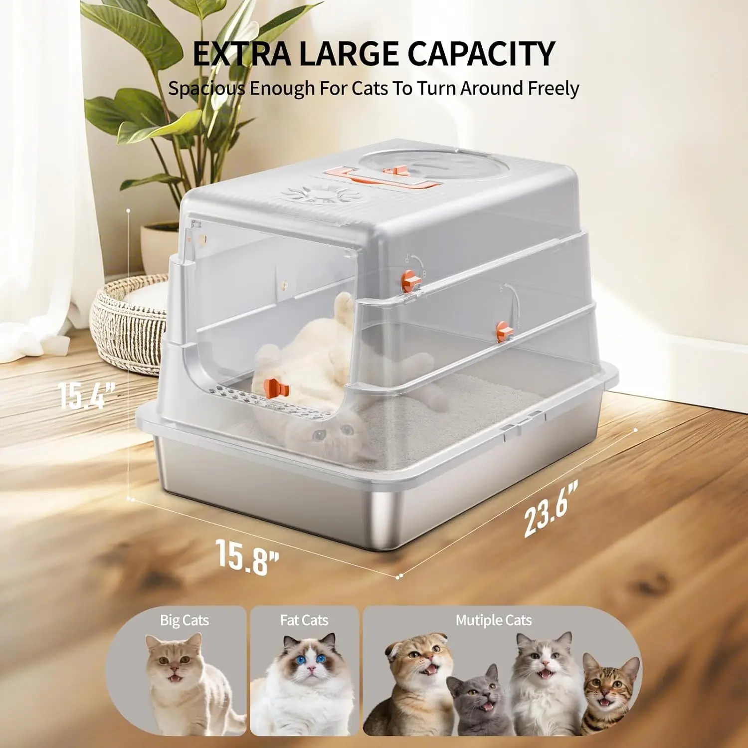 Large Enclosed Stainless Steel Cat Litter Box with Lid, High Sides, Scoop & Step, Leak Proof Easy Clean Odor Control - Image 3