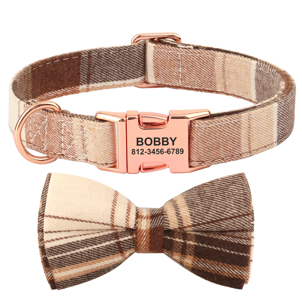 Personalized Bowknot Dog Collar Nylon Plaid Dog Collars Free Engraving Custom Pet Nameplate Necklace For Small Medium Large Dogs - Image 4