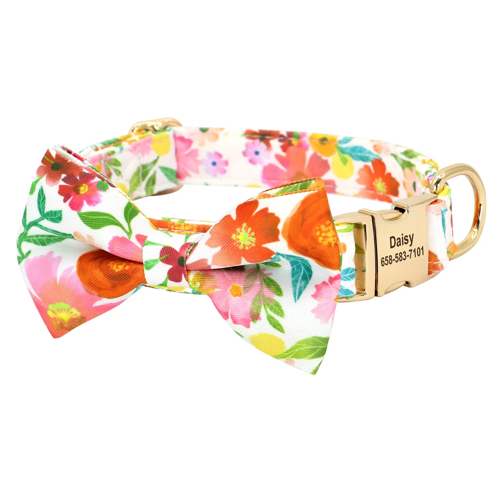 Personalized Dog Collar Nylon Flower Bowtie Pet ID Collars Customized Dogs Necklace Anti-lost For Spring Small Medium Large Dogs - Image 14