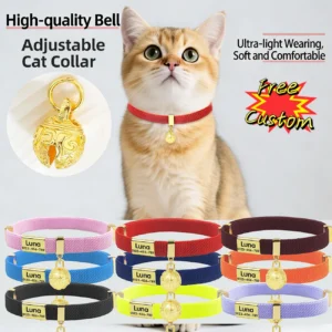 Free Customized Cat Collar with Bell Cute Metal Necklace Pet ID Name Tag Tracker Kitten Dog Breakaway Elastic Adjustable Collars