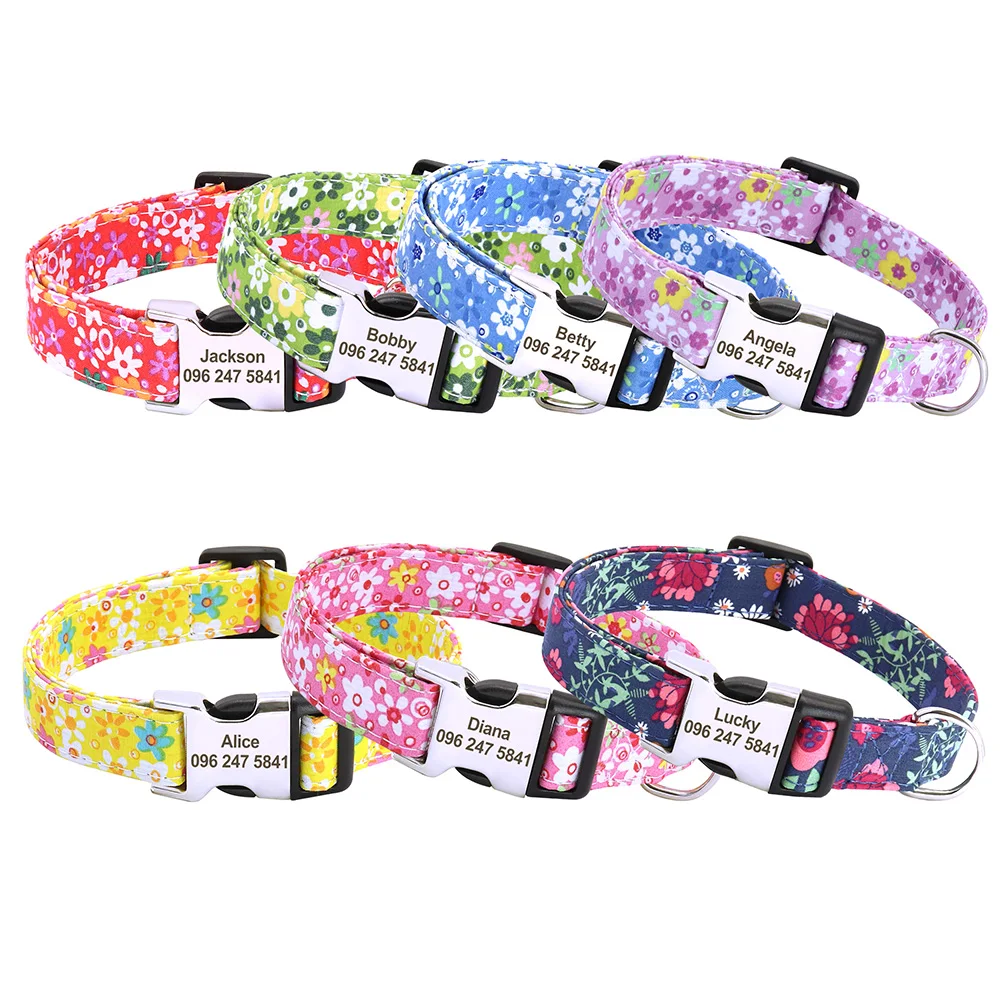 Printed Nylon Personalized Dog Collar Custom Dog Collar Floral Puppy Necklace Engraved Name for Small Medium Large Dogs Bulldog - Image 2