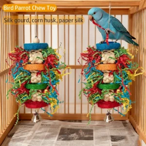 Bird Parrot Toys Colorful Paper Silk Hanging Cage Bird Chewing Toys Natural Corn Husk Weaving With Bell Parrot Molar Bite Toy