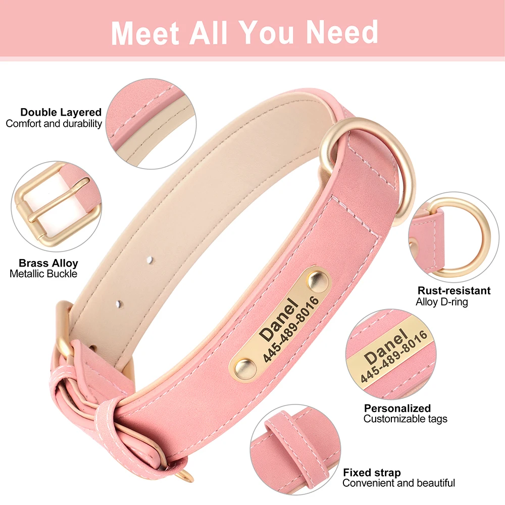 Customized Dog Collar PU Leather Dogs Collars Personalized Pet ID Name Necklace Free Engraving for Small Medium Large Dogs Pug - Image 3