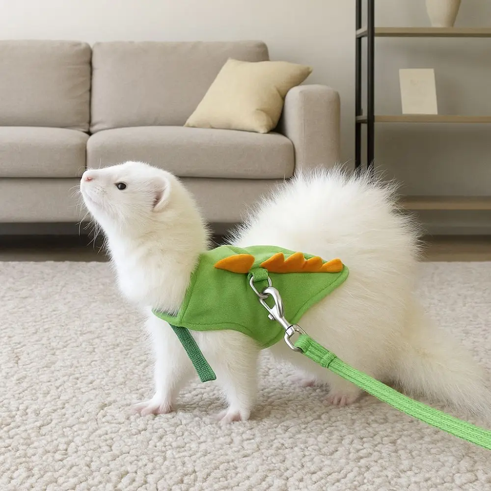 Cute Cartoon Ferret Vest Harness Adjustable Dragon Design Hamster Chest Strap with Bell Flannel Ferret Traction Rope Training