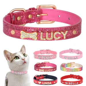 Bling Rhinestone Cat Collar Free Custom Puppy Cats Collars Personalized Kitten Name Charms Pet Crystal Necklace Cat Accessories