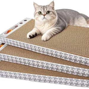 3-Pack Reversible Cat Scratching Boards with Bell Toys, Durable Cardboard Scratcher for Indoor Cats