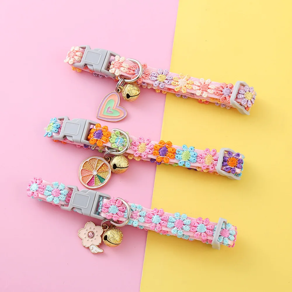 Fashion Rainbow Lace Flower Cat Collar With Bell Adjustable Buckle Cat Necklace Small Medium Dog Accessories