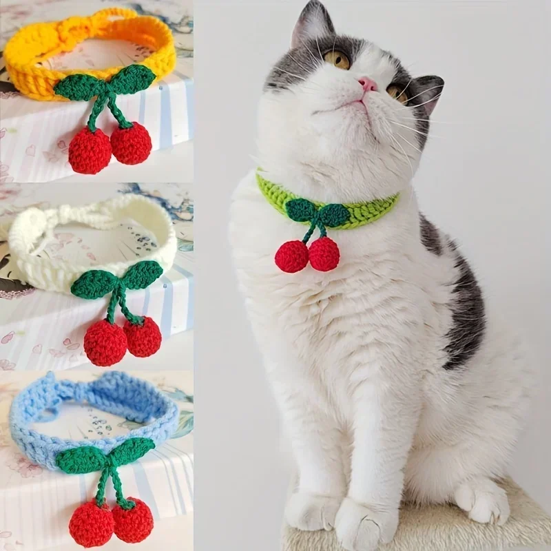 Pet Collar Handmade Knitted Cat Collar With Cherry Decor Cute Cat Necklace Cat Supplies ะพัะตะนะฝะธะบ ะดะปั ะบะพัะตะบ para gatos accesorios