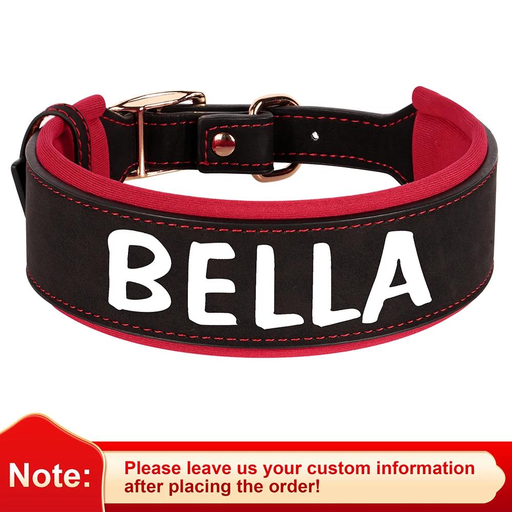 Custom Print Dog Collar Wide Leather Dogs Name Collars Large Soft Padded Pet Dog Collars For Medium Large Dogs Free Print Pink - Image 7