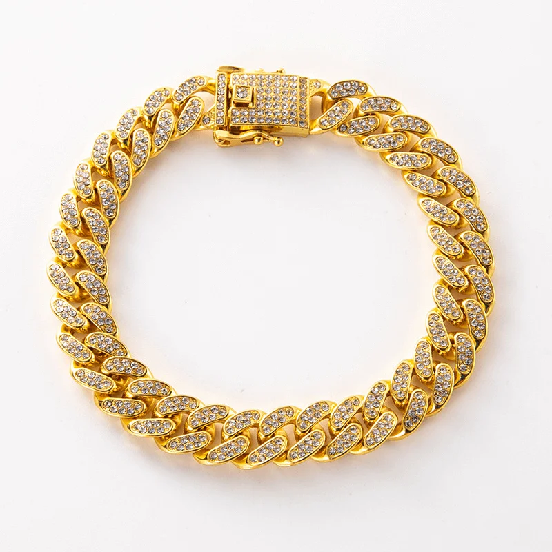 Luxury Hip Hop Dog Collar, Gold Tone Stainless Steel Cuban Chain, Durable Diamond Inlaid Pet Jewelry for Daily Walking - Image 7