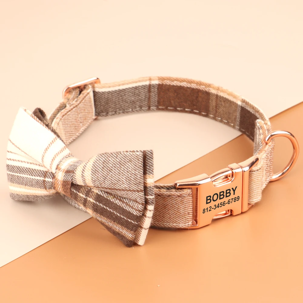 Personalized Bowknot Dog Collar Nylon Plaid Dog Collars Free Engraving Custom Pet Nameplate Necklace For Small Medium Large Dogs - Image 3
