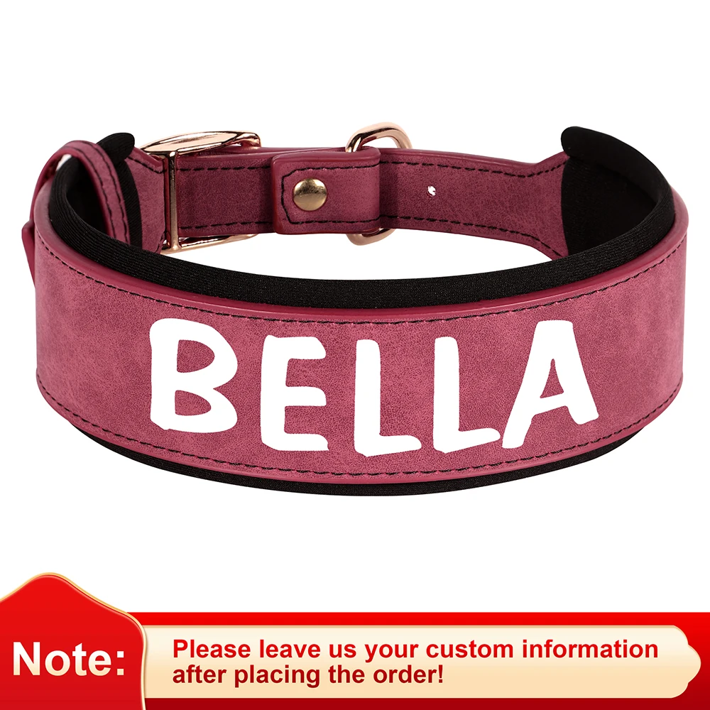 Custom Print Dog Collar Wide Leather Dogs Name Collars Large Soft Padded Pet Dog Collars For Medium Large Dogs Free Print Pink - Image 8