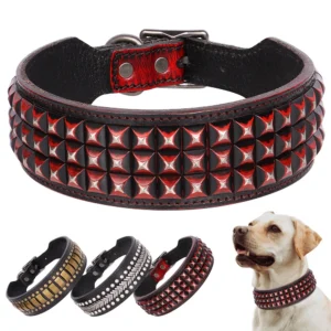 2 inch Wide Dog Collar Real Leather Big Dog Collars Spike Studded  Pet Necklace Durable for Medium Large Dogs French Bulldog Pug