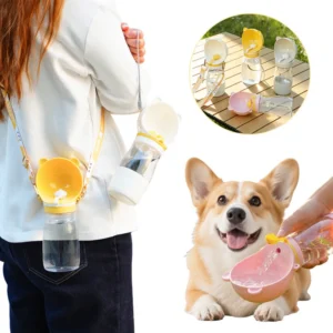 Portable Dog Water Bottle with Shoulder Strap 2 in 1 Pet Drinking Bowl for Small Large Dogs Cat Food Dispenser Yorkie Supplies