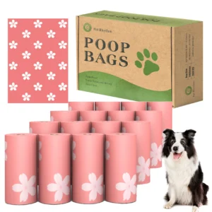 EPI biodegradable dog toilet bag with enlarged leak proof and floral scent, portable pet feces bag with dispenser