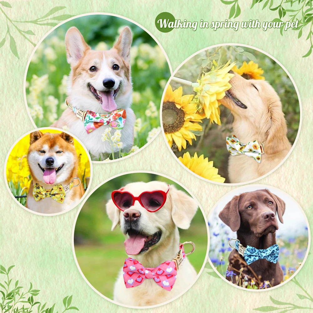 Personalized Dog Collar Nylon Flower Bowtie Pet ID Collars Customized Dogs Necklace Anti-lost For Spring Small Medium Large Dogs - Image 5