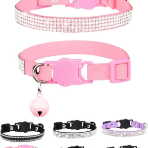 Rhinestone Velvet Breakaway Cat Collar with Bell, Adjustable Safe Kitten Collar in Pink