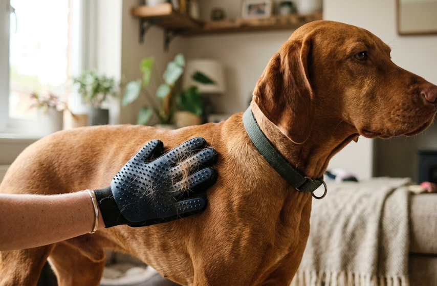 Short-haired dog being groomed with a pet grooming glove