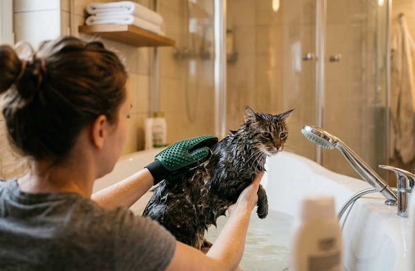 Cat being bathed with a grooming glove