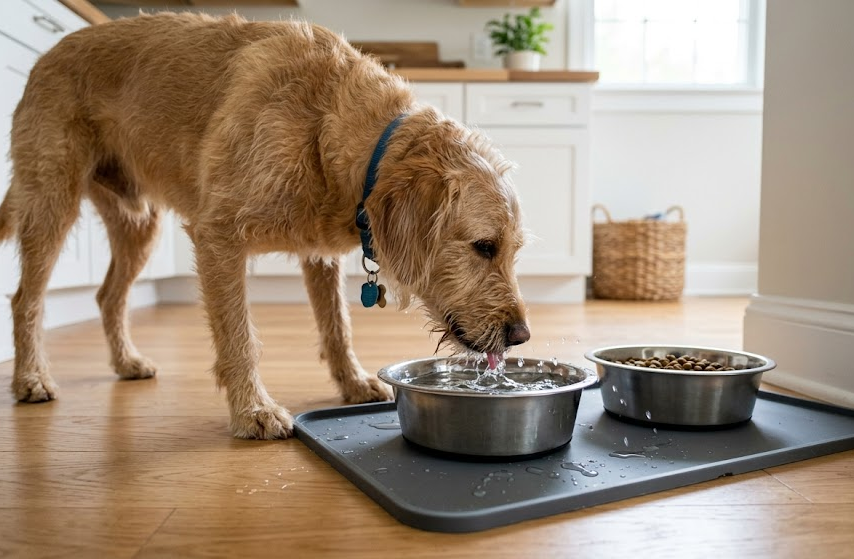 Dog drinking from a bowl on a raised-edge silicone feeding mat