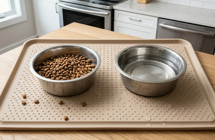 Two dog bowls on a large silicone feeding mat with raised border