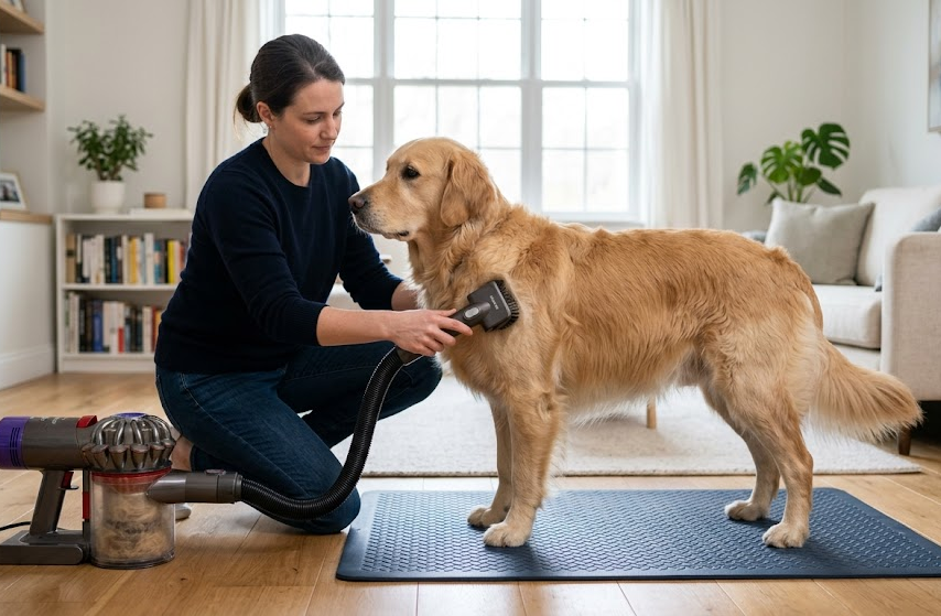Dog being groomed with a vacuum grooming kit