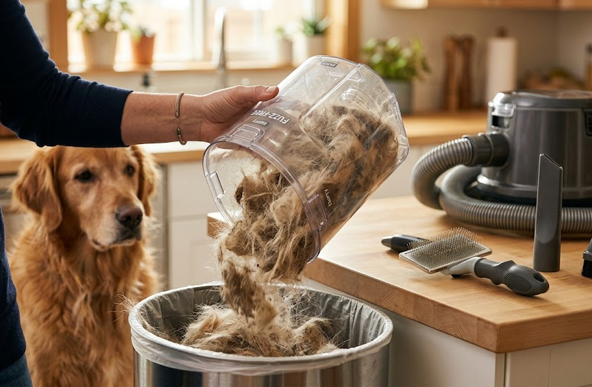 Pet grooming vacuum dust bin after use