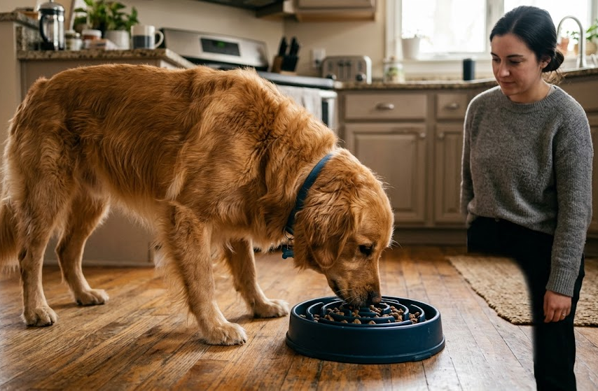 Dog eating from a slow feeder bowl in a home kitchen