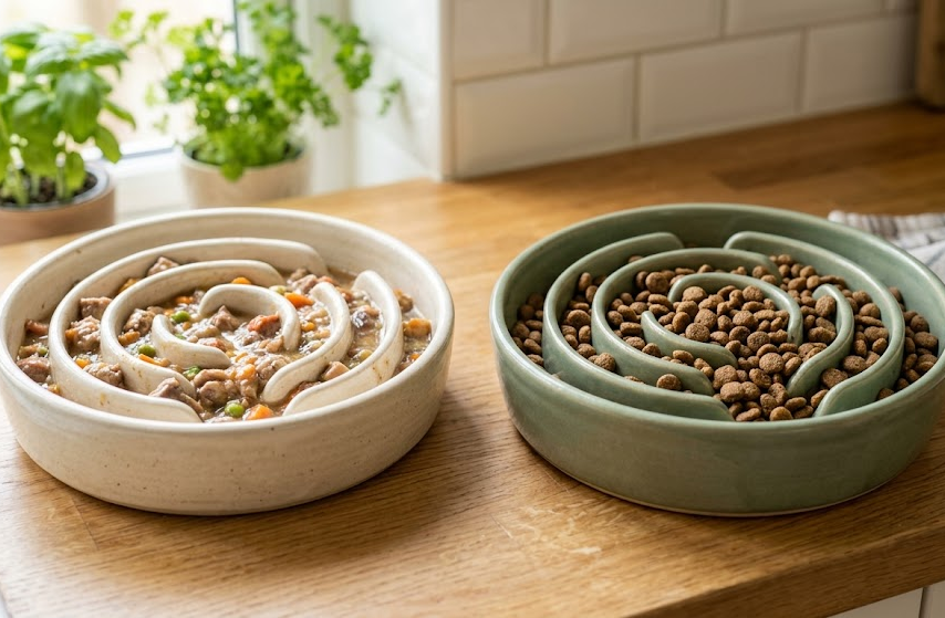 Slow feeder bowls showing wet food and dry kibble channel differences