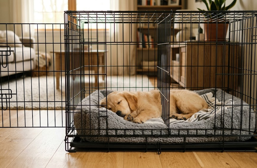 Puppy resting inside a wire dog crate with a properly placed divider panel