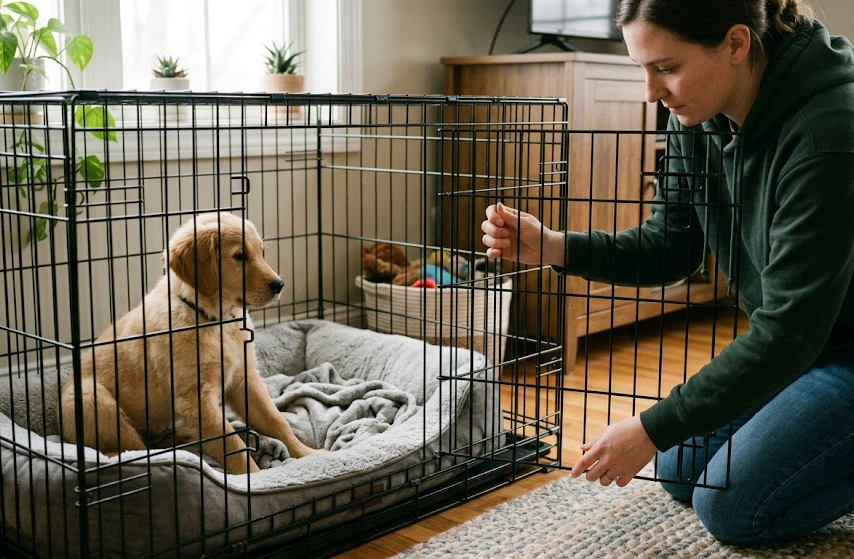 Owner adjusting a dog crate divider panel during puppy crate training