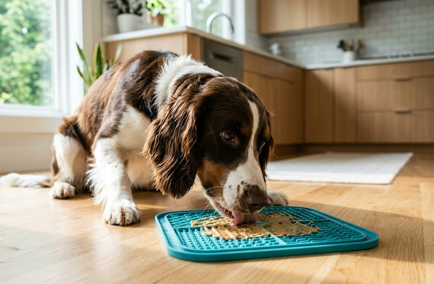 Dog calmly using a silicone lick mat for enrichment at home